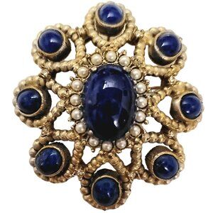 De Nicola Vintage Gold Tone Blue Lapis-Style Molded Glass Cab Pin Pendant, M984